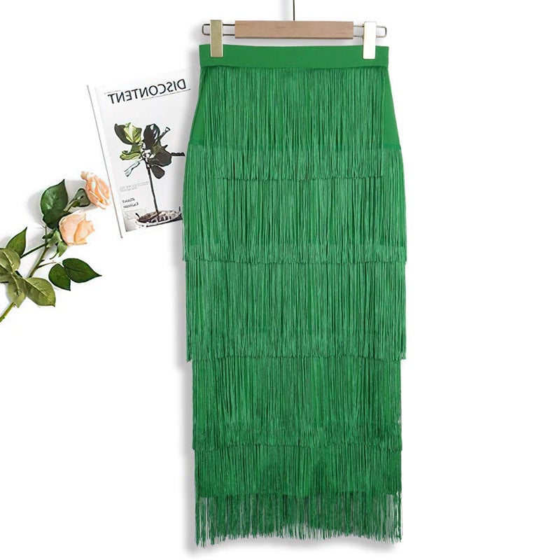 AOMEI Women's Spring Green High Waist Fringe Tiered Bodycon Pencil Midi Skirt M - Image 2